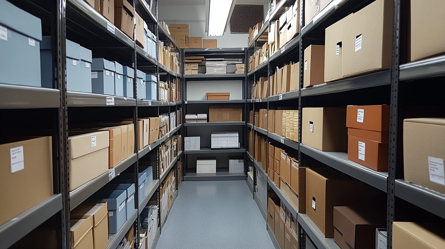 Archivraum Mit Metallregalen, Säurefreien Archivboxen Und Historischen Kartons – Typischer Medienbestand Vor Der Digitalisierung